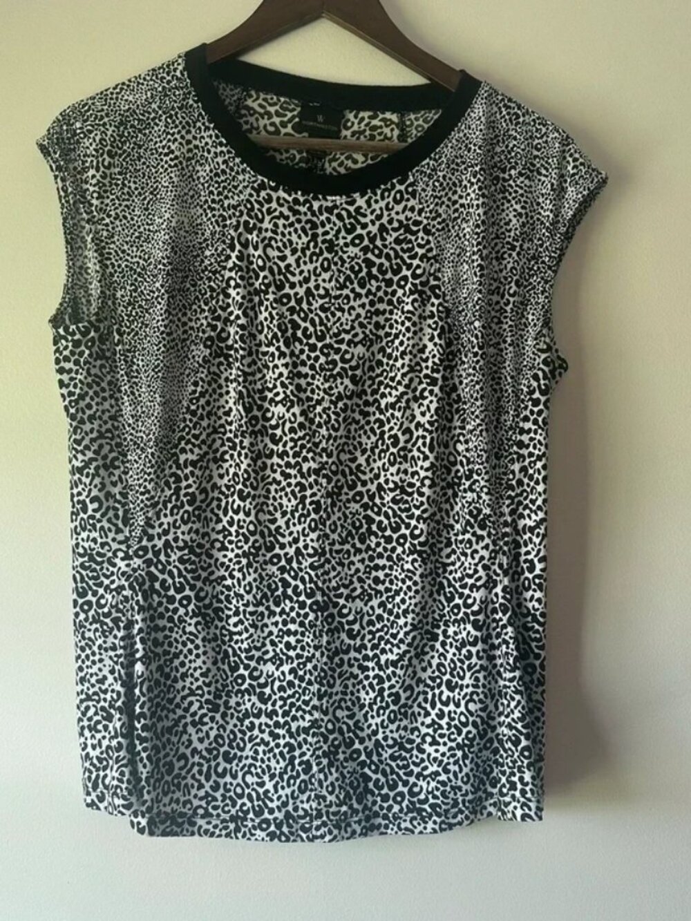 Worthington Women’s Leopard Print Blouse Black White Cap Sleeve Size Large